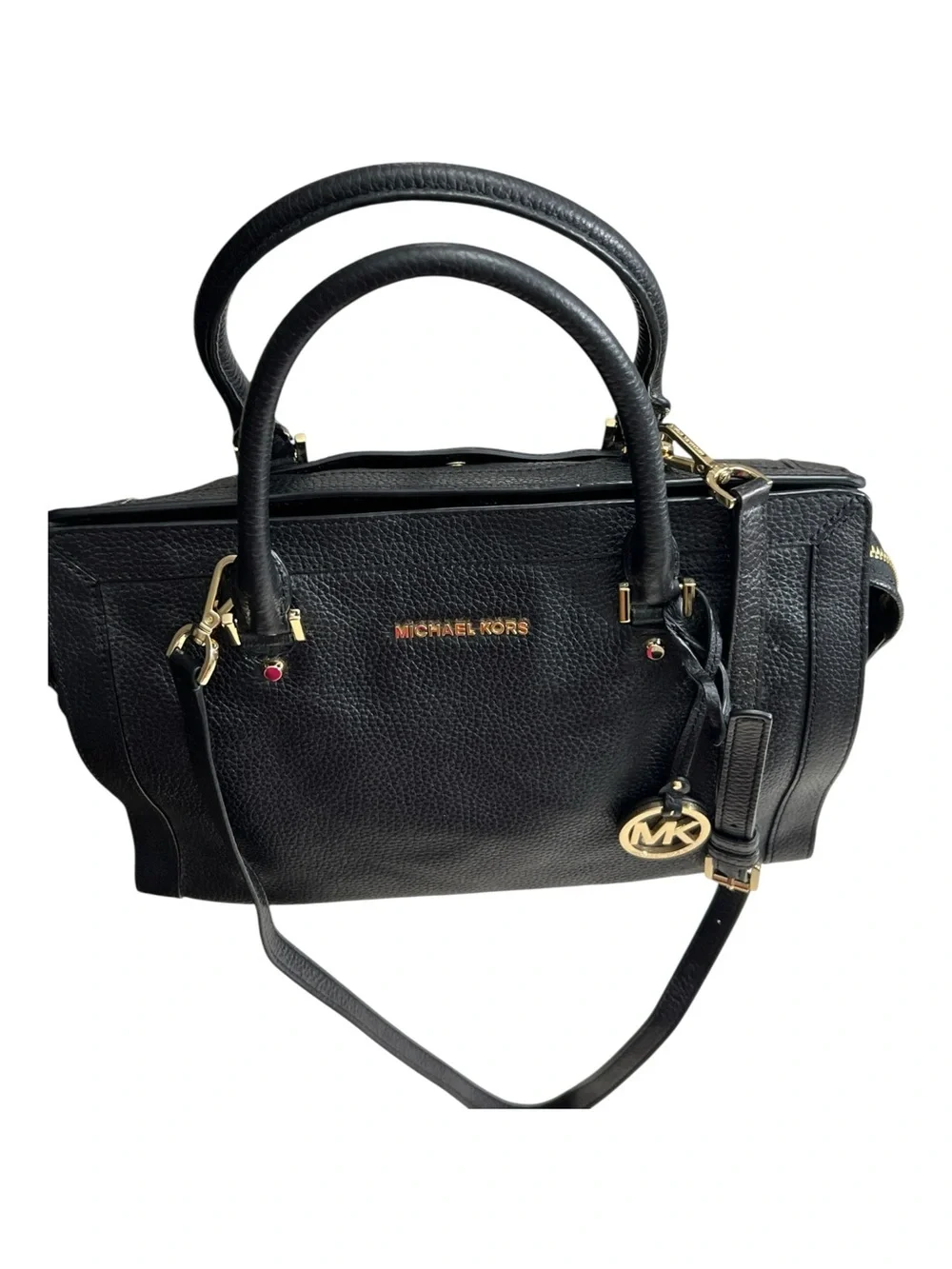 Michael Kors Black Leather Satchel with Gold MK Charm